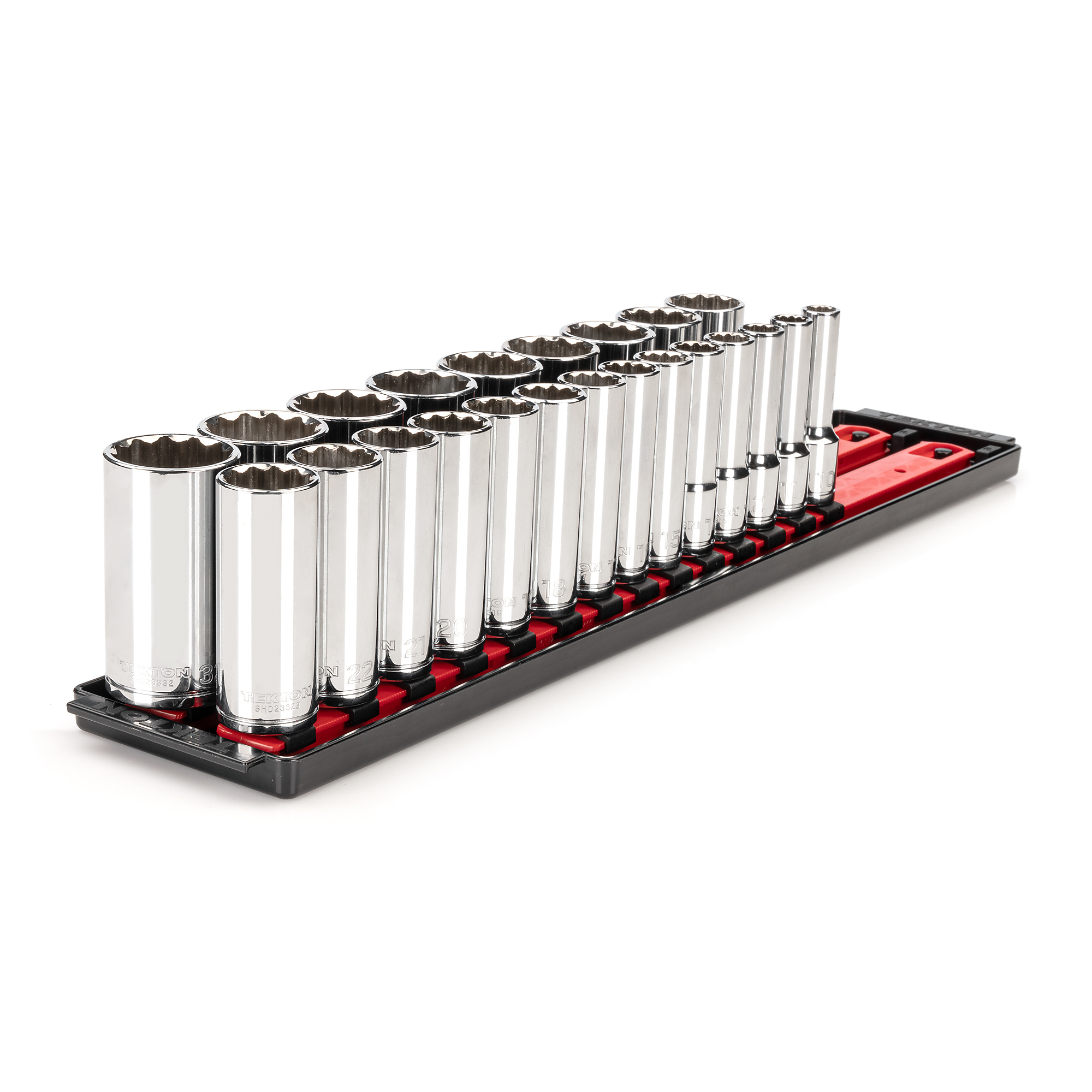 TEKTON 1/2 Inch Drive Deep 12-Point Socket Set with Rails and Tray, 23-Piece (10 - 32 mm) | SHD92121